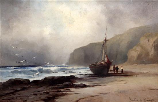 Gustav de Breanski (c.1856-1898) Coastal scene with beached fishing boat 12 x 18in.